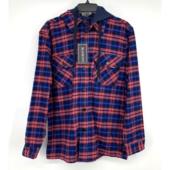 BlankNYC Shirt Mens Size Medium Button Down Plaid Hooded Long Sleeve Blue NWT - Picture 2 of 11